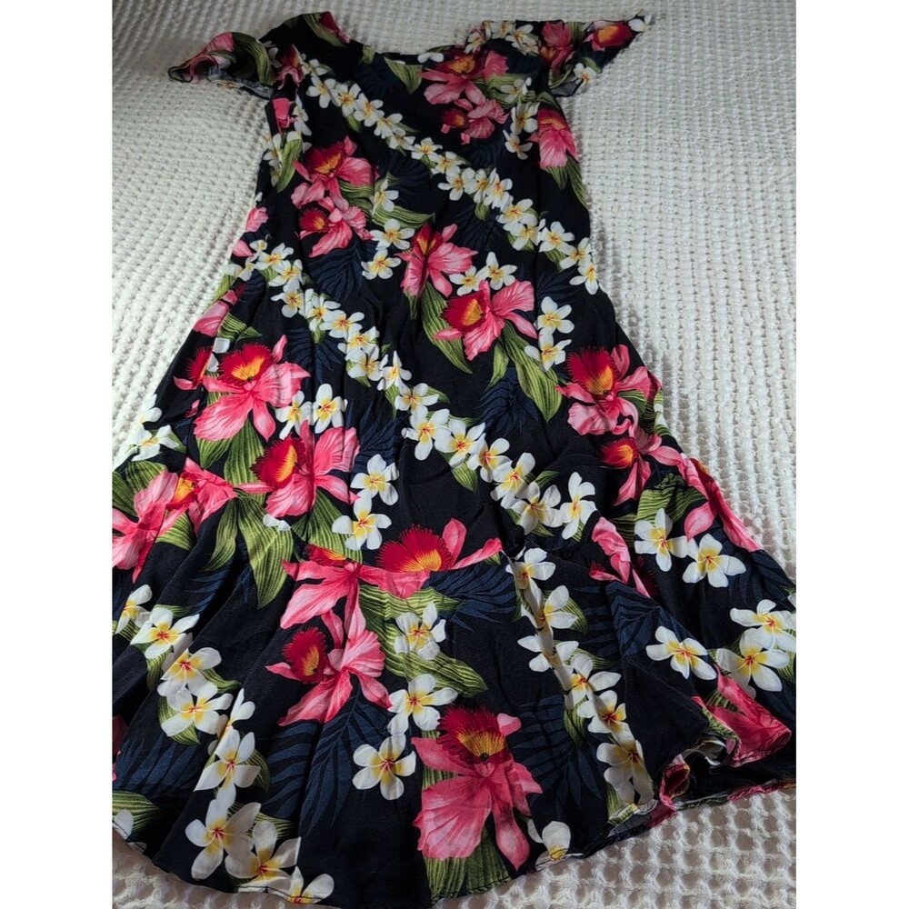 Hawaiian Vintage Navy Floral Maxi Dress with Pink Hibiscus Print Rayon Size L
